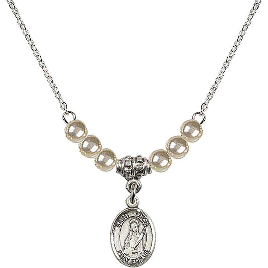 Sterling Silver Saint Lucia of Syracuse Birthstone Necklace with Faux-Pearl Beads - 9065