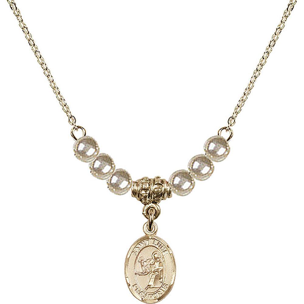 14kt Gold Filled Saint Luke the Apostle Birthstone Necklace with Faux-Pearl Beads - 9068