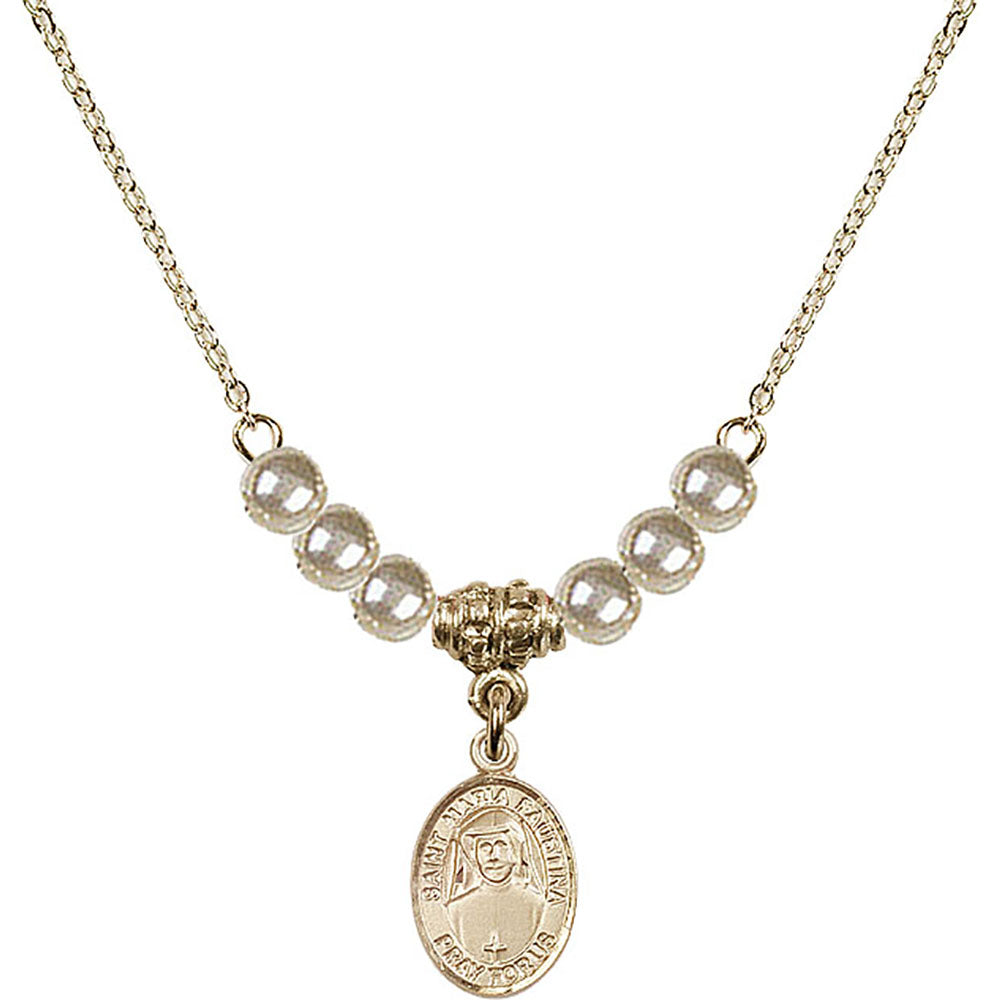 14kt Gold Filled Saint Maria Faustina Birthstone Necklace with Faux-Pearl Beads - 9069