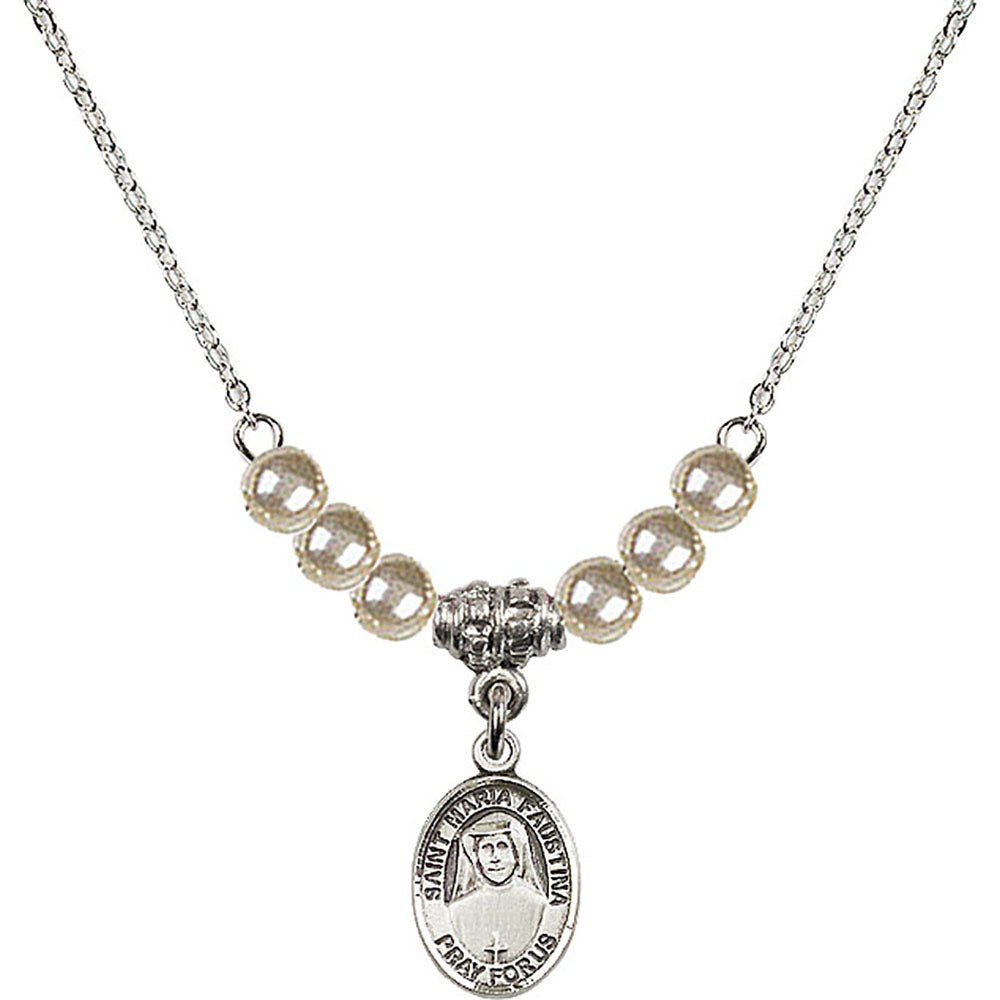 Sterling Silver Saint Maria Faustina Birthstone Necklace with Faux-Pearl Beads - 9069