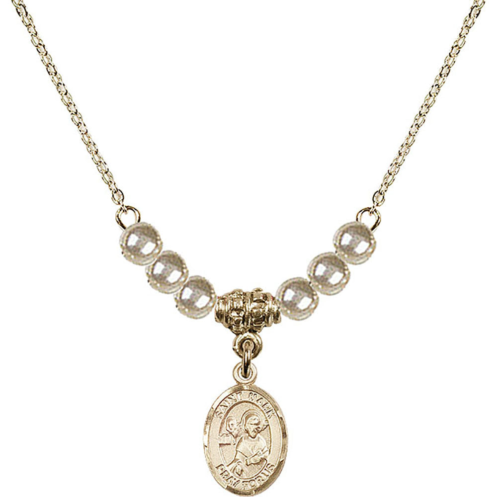 14kt Gold Filled Saint Mark the Evangelist Birthstone Necklace with Faux-Pearl Beads - 9070