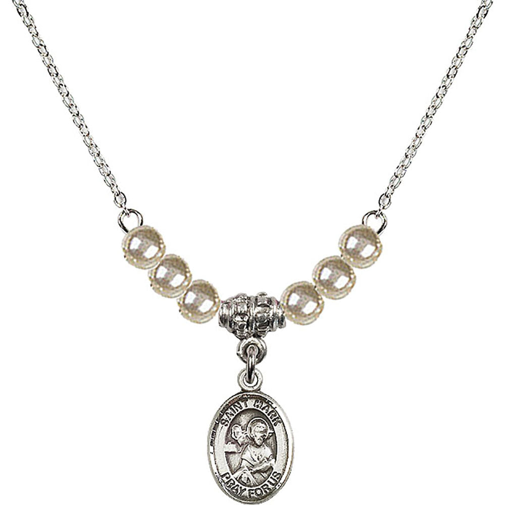 Sterling Silver Saint Mark the Evangelist Birthstone Necklace with Faux-Pearl Beads - 9070