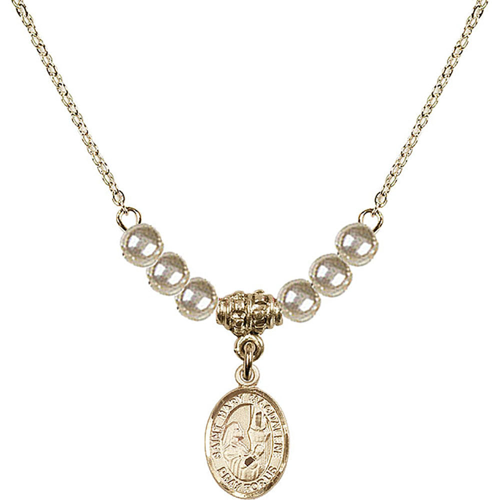 14kt Gold Filled Saint Mary Magdalene Birthstone Necklace with Faux-Pearl Beads - 9071