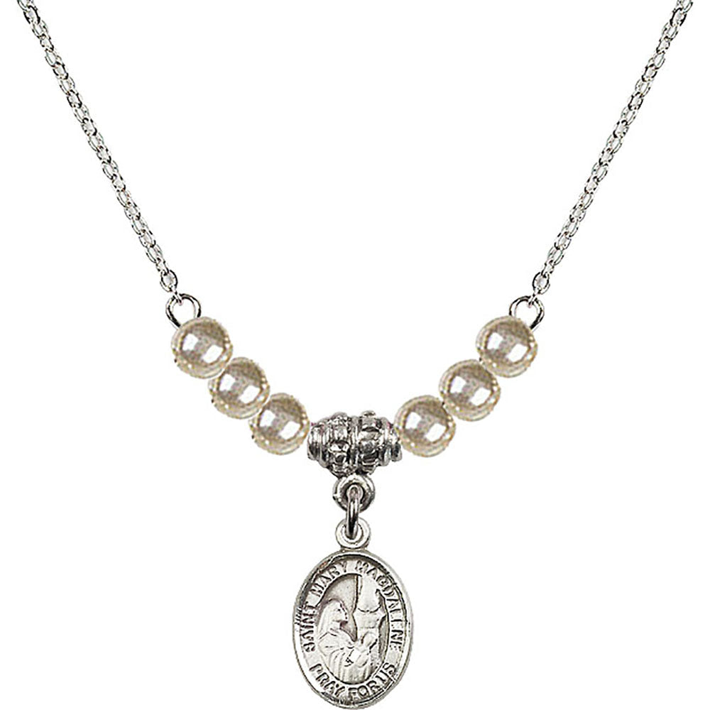 Sterling Silver Saint Mary Magdalene Birthstone Necklace with Faux-Pearl Beads - 9071