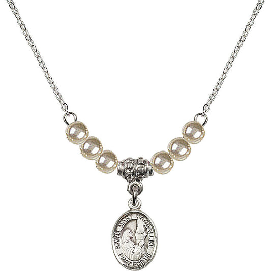 Sterling Silver Saint Mary Magdalene Birthstone Necklace with Faux-Pearl Beads - 9071