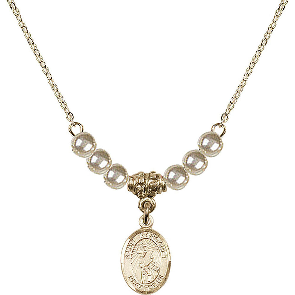 14kt Gold Filled Saint Margaret Mary Alacoque Birthstone Necklace with Faux-Pearl Beads - 9072