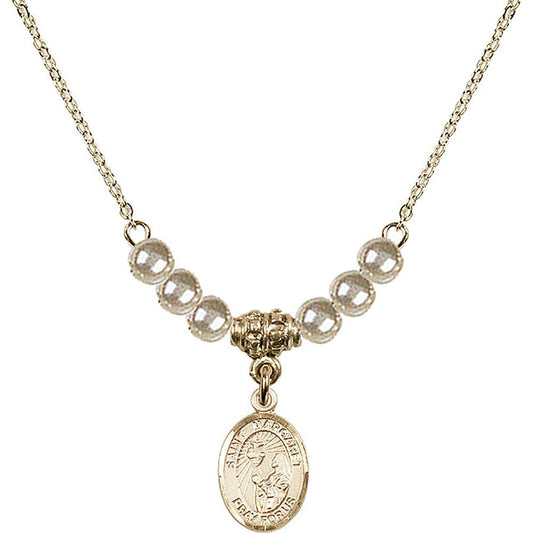 14kt Gold Filled Saint Margaret Mary Alacoque Birthstone Necklace with Faux-Pearl Beads - 9072