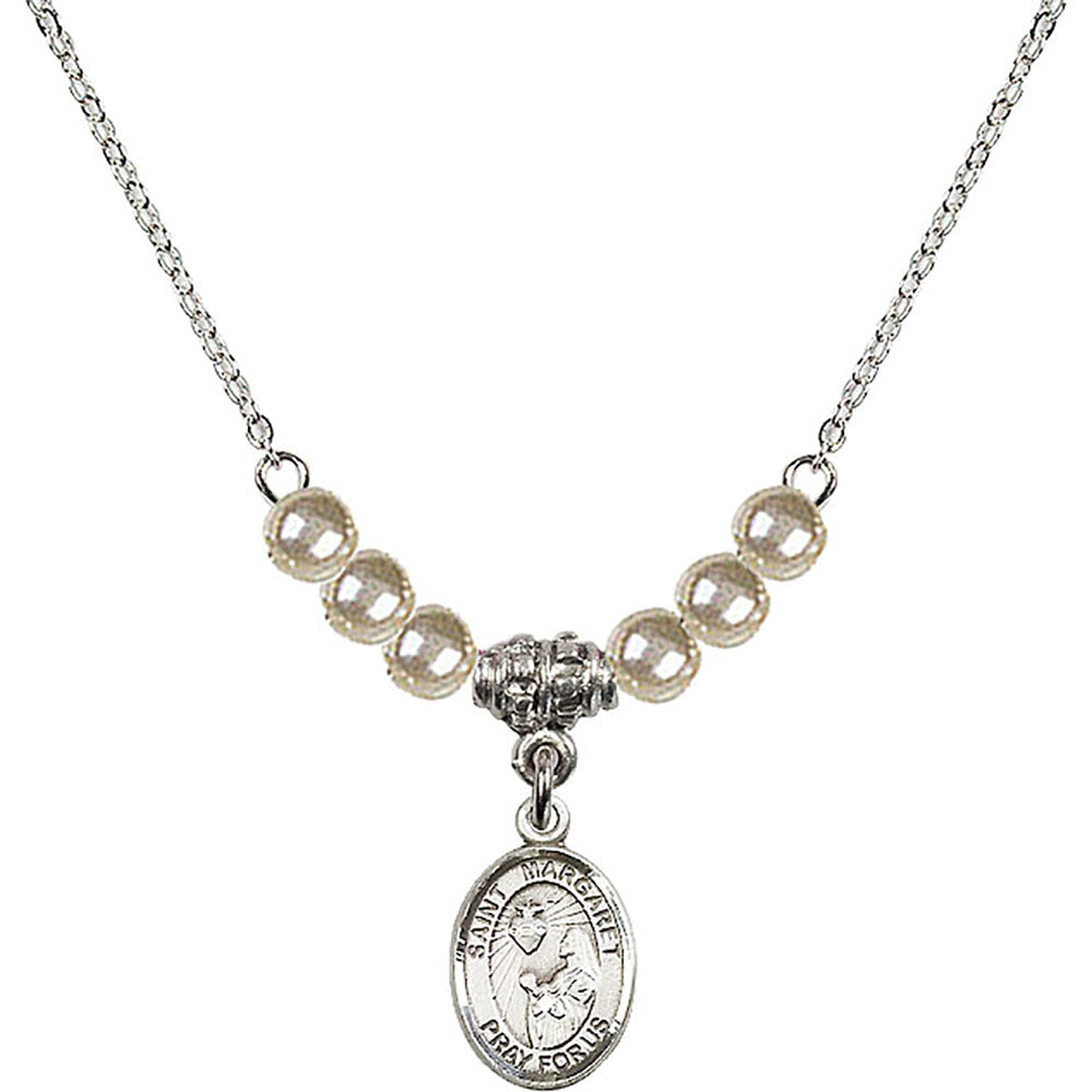 Sterling Silver Saint Margaret Mary Alacoque Birthstone Necklace with Faux-Pearl Beads - 9072