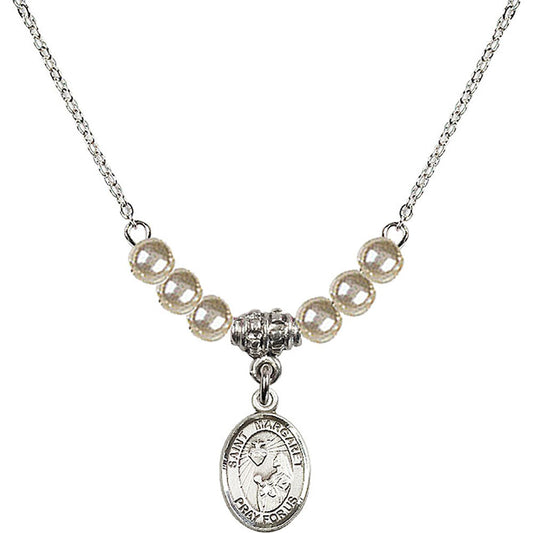 Sterling Silver Saint Margaret Mary Alacoque Birthstone Necklace with Faux-Pearl Beads - 9072