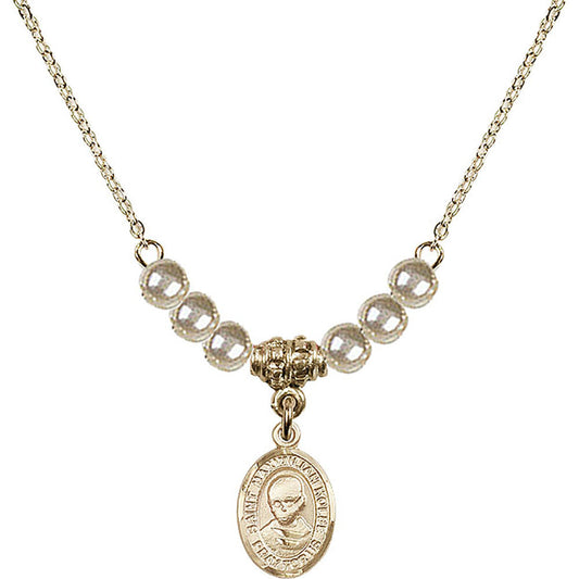 14kt Gold Filled Saint Maximilian Kolbe Birthstone Necklace with Faux-Pearl Beads - 9073