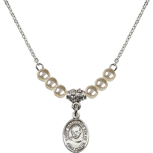Sterling Silver Saint Maximilian Kolbe Birthstone Necklace with Faux-Pearl Beads - 9073