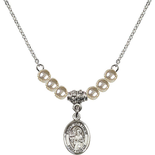 Sterling Silver Saint Matthew the Apostle Birthstone Necklace with Faux-Pearl Beads - 9074