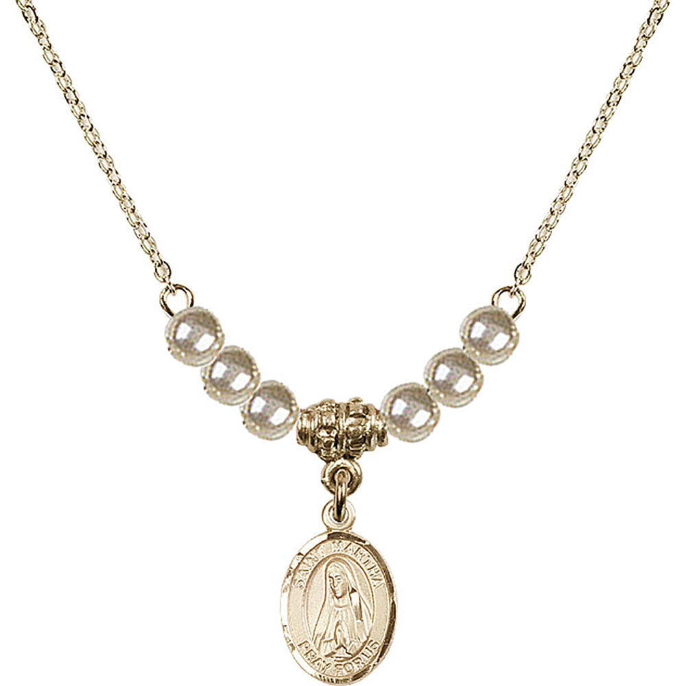 14kt Gold Filled Saint Martha Birthstone Necklace with Faux-Pearl Beads - 9075