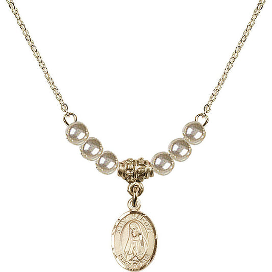 14kt Gold Filled Saint Martha Birthstone Necklace with Faux-Pearl Beads - 9075