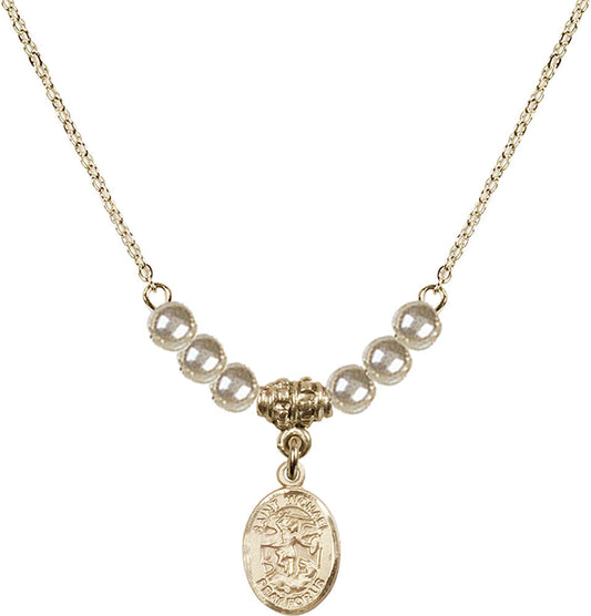14kt Gold Filled Saint Michael the Archangel Birthstone Necklace with Faux-Pearl Beads - 9076