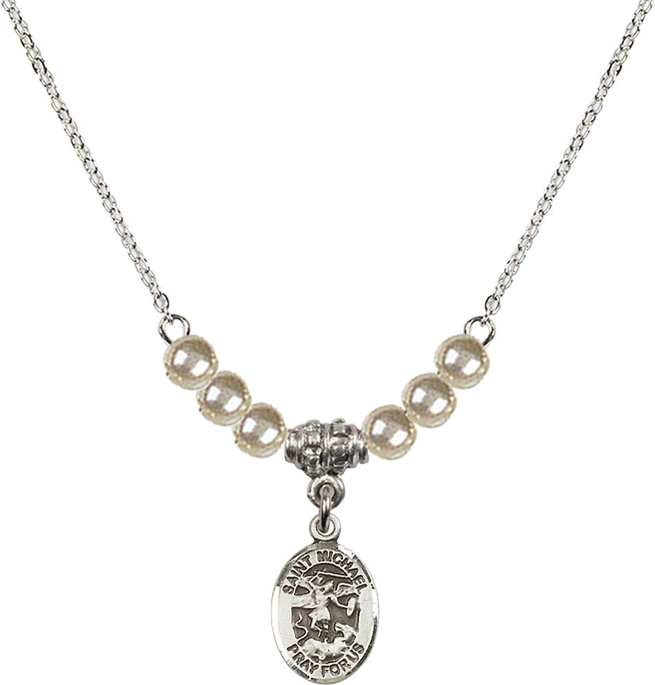 Sterling Silver Saint Michael the Archangel Birthstone Necklace with Faux-Pearl Beads - 9076