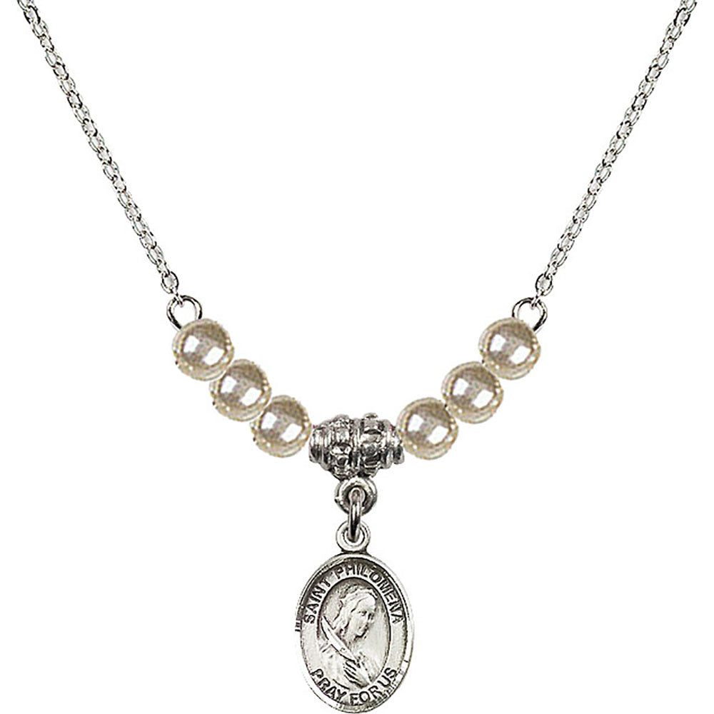 Sterling Silver Saint Philomena Birthstone Necklace with Faux-Pearl Beads - 9077