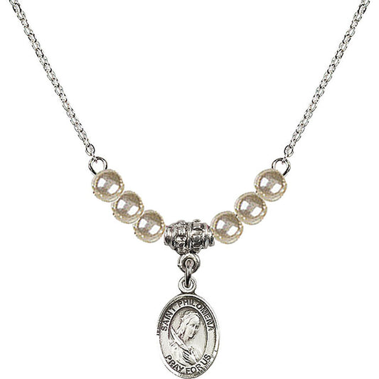 Sterling Silver Saint Philomena Birthstone Necklace with Faux-Pearl Beads - 9077