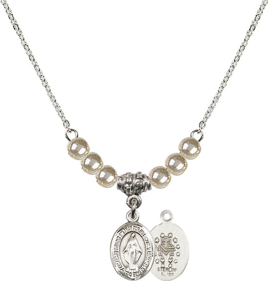 Sterling Silver Miraculous Birthstone Necklace with Faux-Pearl Beads - 9078