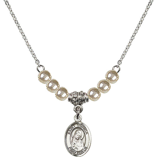 Sterling Silver Saint Monica Birthstone Necklace with Faux-Pearl Beads - 9079