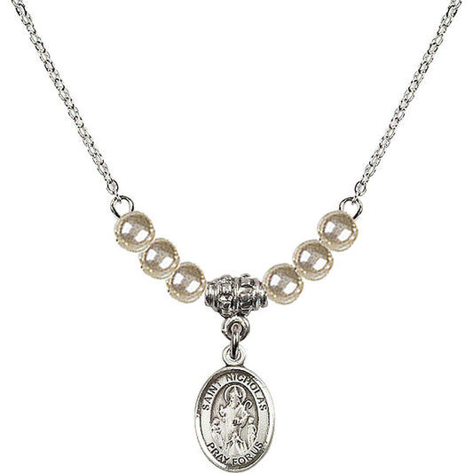 Sterling Silver Saint Nicholas Birthstone Necklace with Faux-Pearl Beads - 9080
