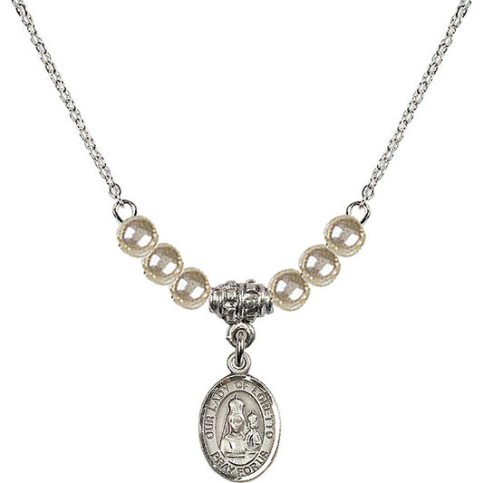 Sterling Silver Our Lady of Loretto Birthstone Necklace with Faux-Pearl Beads - 9082