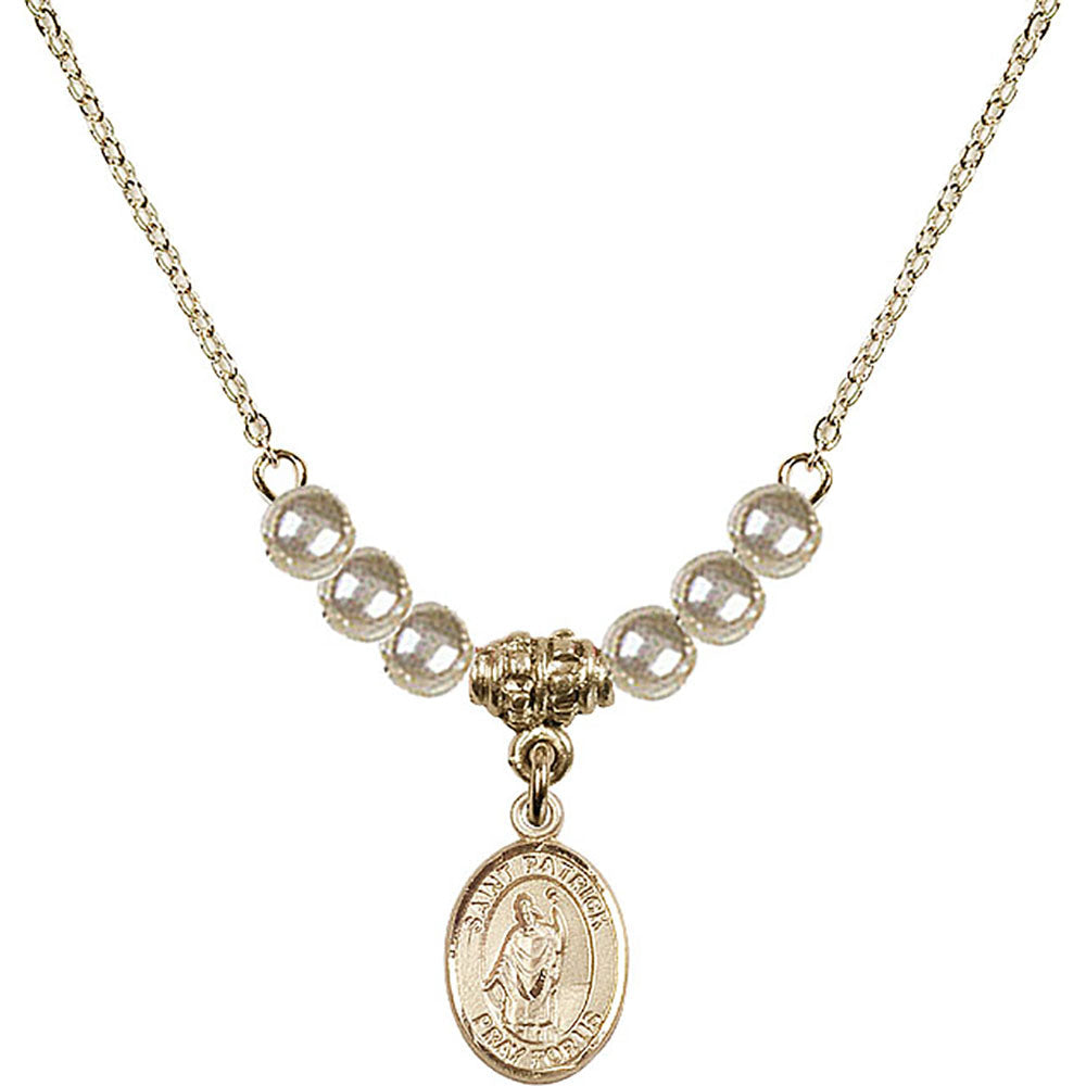 14kt Gold Filled Saint Patrick Birthstone Necklace with Faux-Pearl Beads - 9084