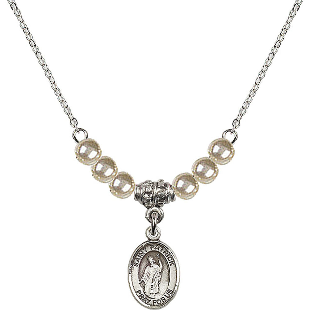 Sterling Silver Saint Patrick Birthstone Necklace with Faux-Pearl Beads - 9084