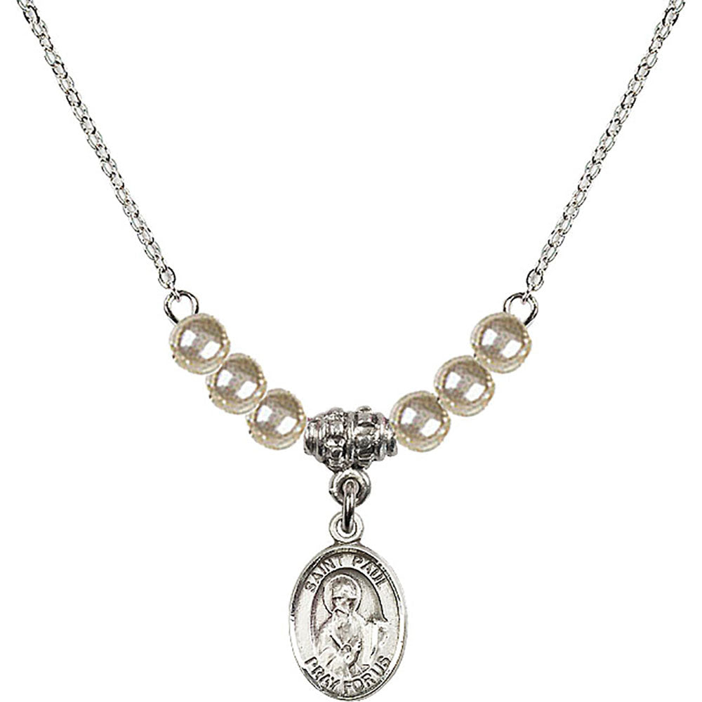 Sterling Silver Saint Paul the Apostle Birthstone Necklace with Faux-Pearl Beads - 9086