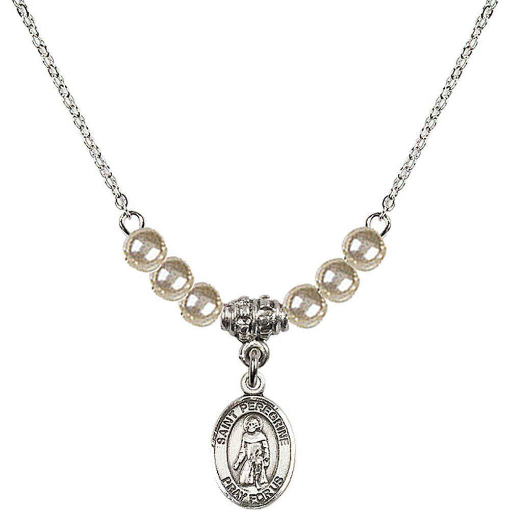Sterling Silver Saint Peregrine Laziosi Birthstone Necklace with Faux-Pearl Beads - 9088