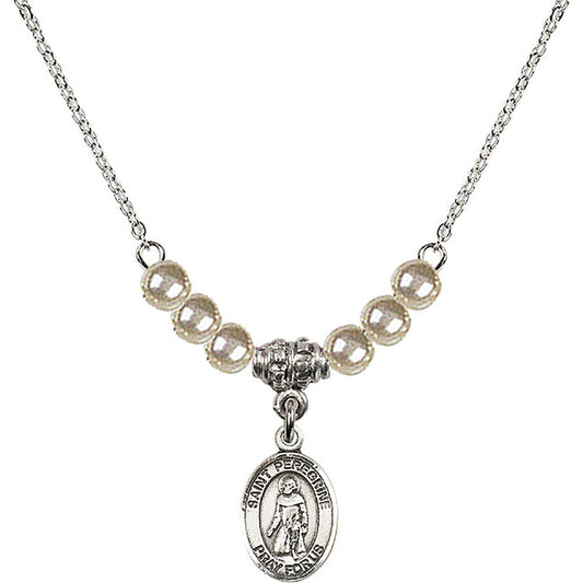 Sterling Silver Saint Peregrine Laziosi Birthstone Necklace with Faux-Pearl Beads - 9088