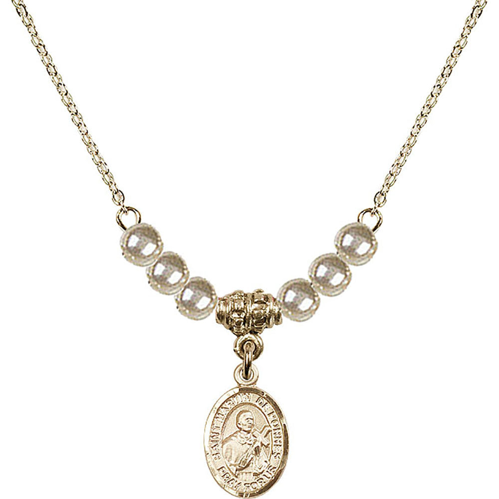 14kt Gold Filled Saint Martin de Porres Birthstone Necklace with Faux-Pearl Beads - 9089