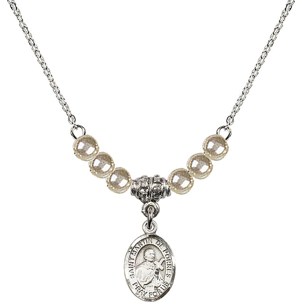 Sterling Silver Saint Martin de Porres Birthstone Necklace with Faux-Pearl Beads - 9089