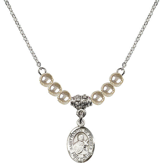 Sterling Silver Saint Martin de Porres Birthstone Necklace with Faux-Pearl Beads - 9089