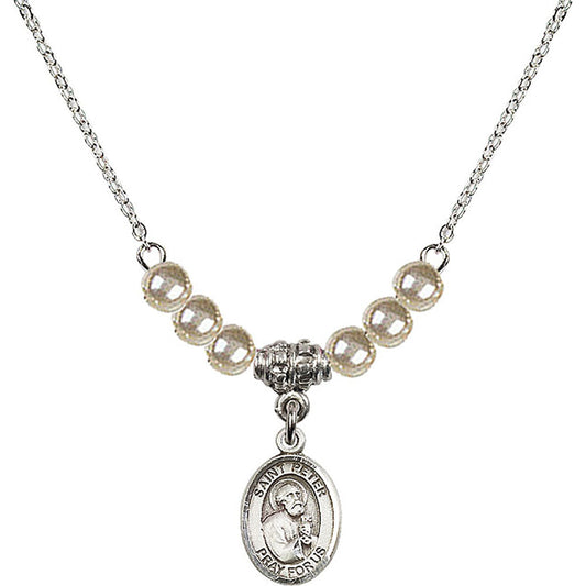 Sterling Silver Saint Peter the Apostle Birthstone Necklace with Faux-Pearl Beads - 9090