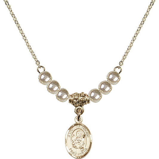 14kt Gold Filled Saint Raymond Nonnatus Birthstone Necklace with Faux-Pearl Beads - 9091