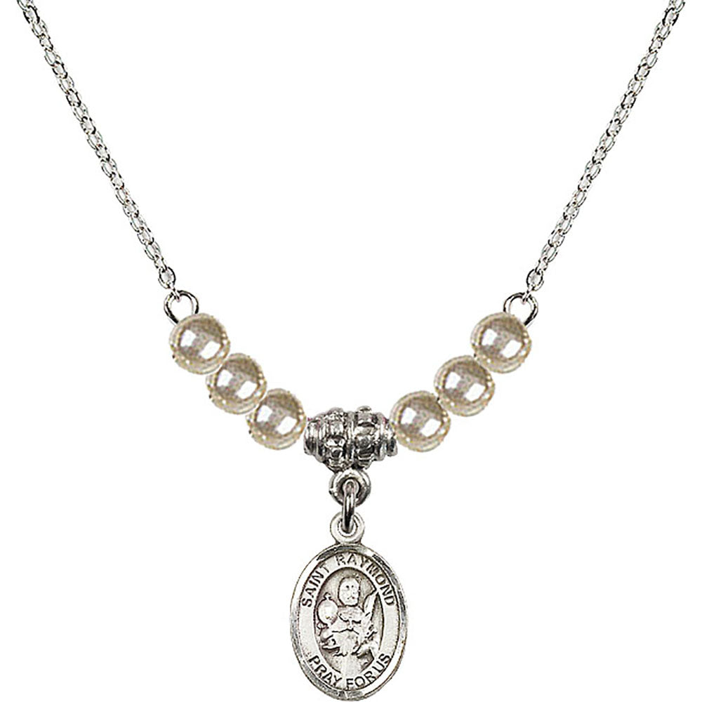 Sterling Silver Saint Raymond Nonnatus Birthstone Necklace with Faux-Pearl Beads - 9091