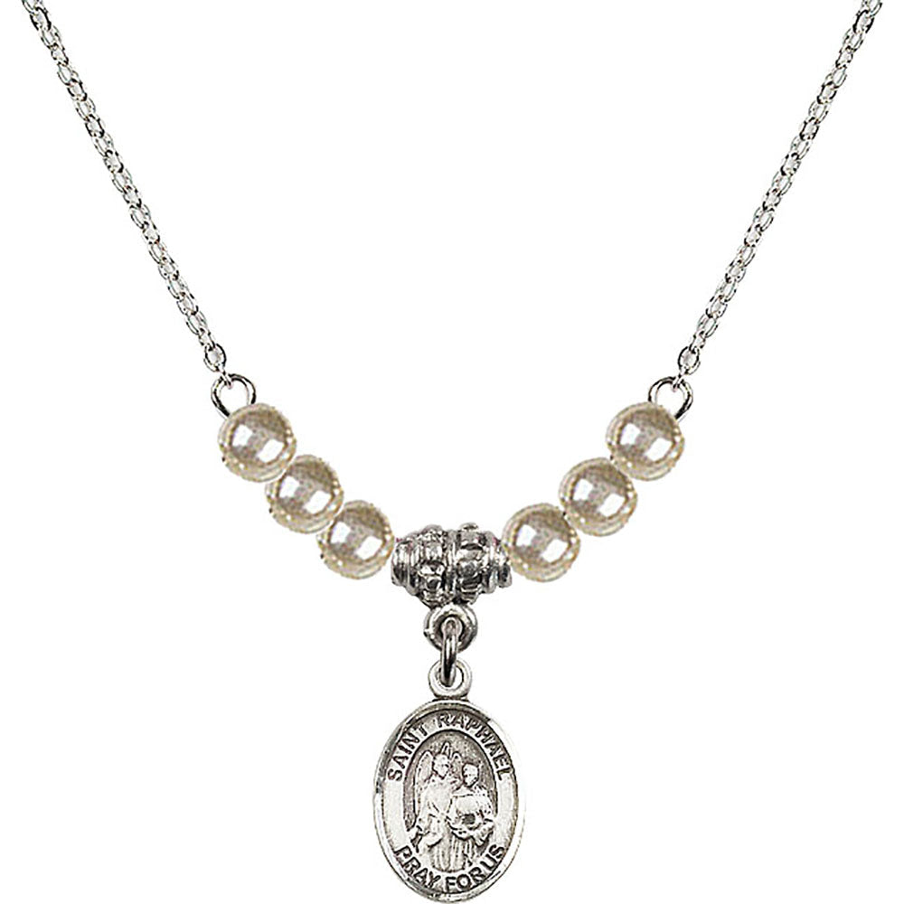 Sterling Silver Saint Raphael the Archangel Birthstone Necklace with Faux-Pearl Beads - 9092