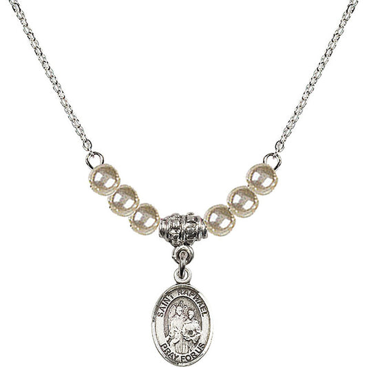 Sterling Silver Saint Raphael the Archangel Birthstone Necklace with Faux-Pearl Beads - 9092