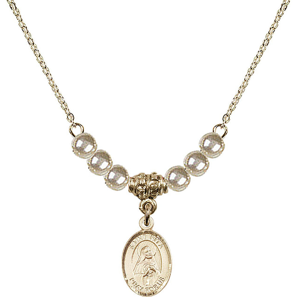 14kt Gold Filled Saint Rita of Cascia Birthstone Necklace with Faux-Pearl Beads - 9094