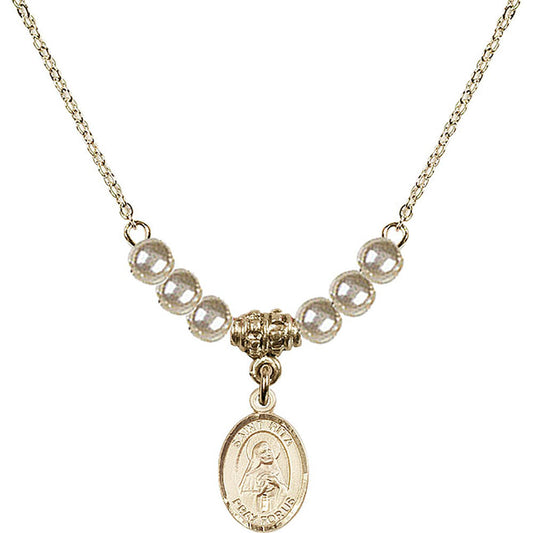 14kt Gold Filled Saint Rita of Cascia Birthstone Necklace with Faux-Pearl Beads - 9094