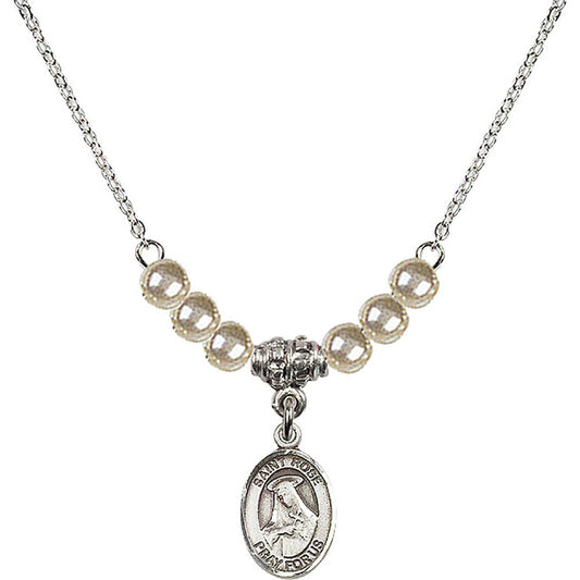Sterling Silver Saint Rose of Lima Birthstone Necklace with Faux-Pearl Beads - 9095