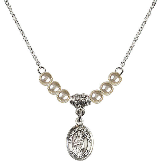 Sterling Silver Saint Scholastica Birthstone Necklace with Faux-Pearl Beads - 9099