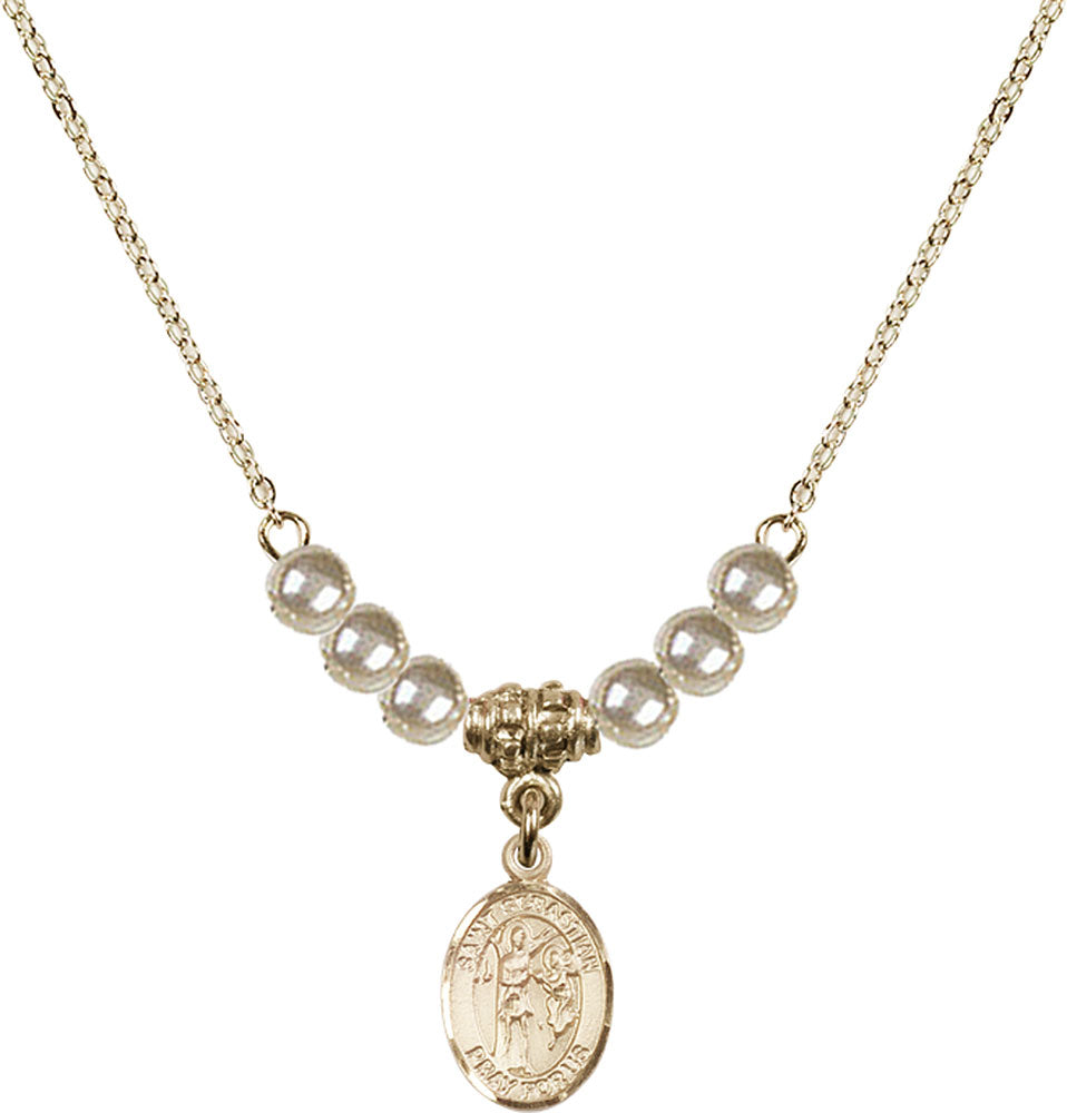 14kt Gold Filled Saint Sebastian Birthstone Necklace with Faux-Pearl Beads - 9100