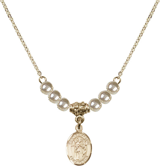 14kt Gold Filled Saint Sebastian Birthstone Necklace with Faux-Pearl Beads - 9100