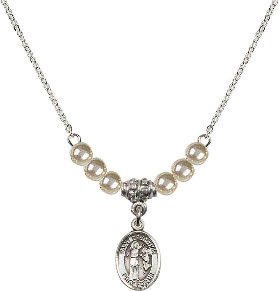 Sterling Silver Saint Sebastian Birthstone Necklace with Faux-Pearl Beads - 9100