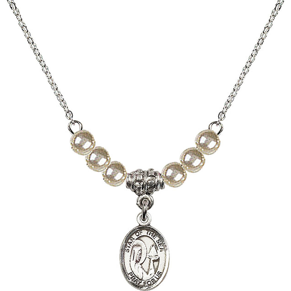 Sterling Silver Our Lady Star of the Sea Birthstone Necklace with Faux-Pearl Beads - 9101