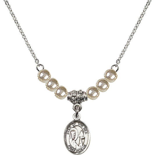 Sterling Silver Our Lady Star of the Sea Birthstone Necklace with Faux-Pearl Beads - 9101