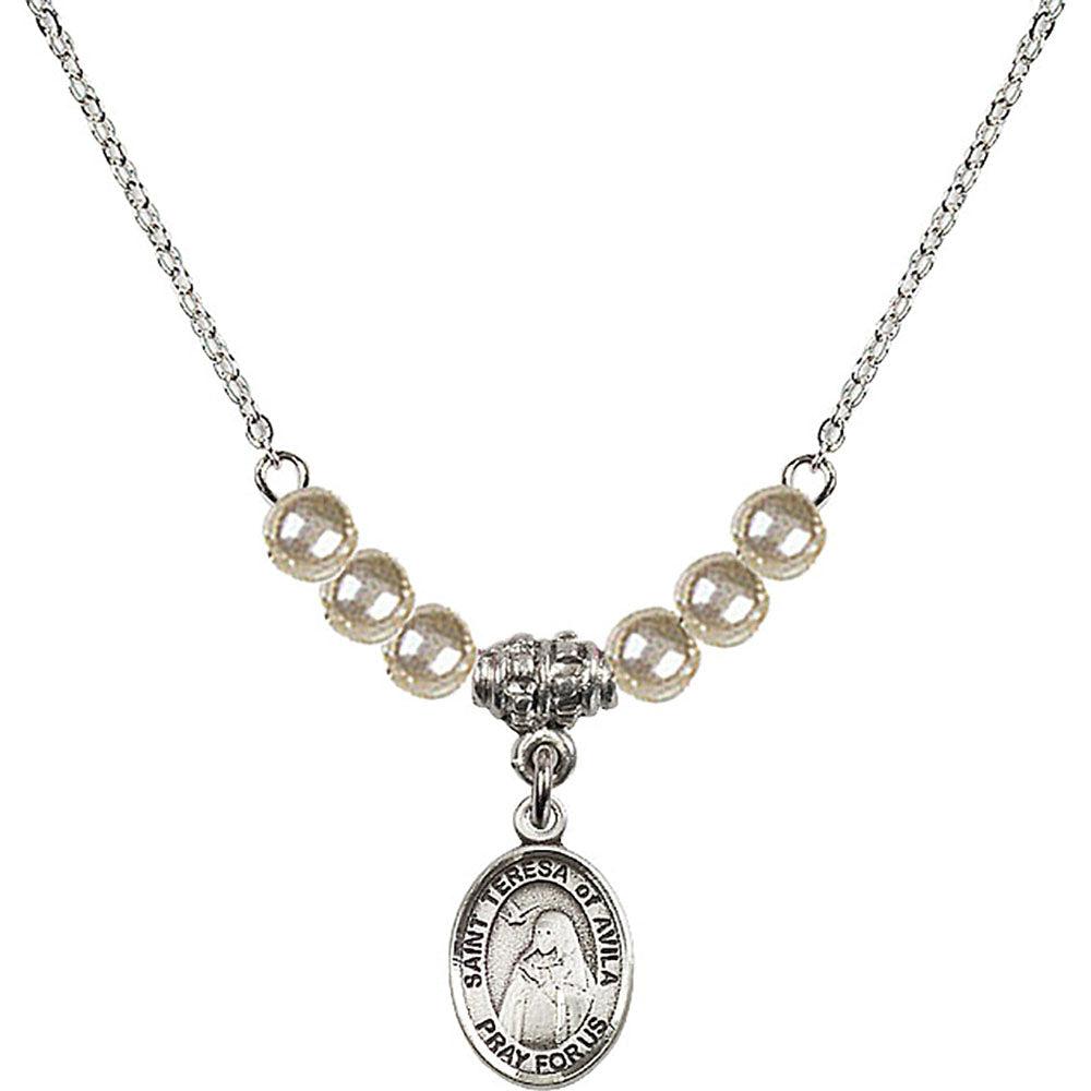 Sterling Silver Saint Teresa of Avila Birthstone Necklace with Faux-Pearl Beads - 9102