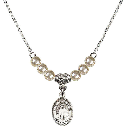 Sterling Silver Saint Edith Stein Birthstone Necklace with Faux-Pearl Beads - 9103